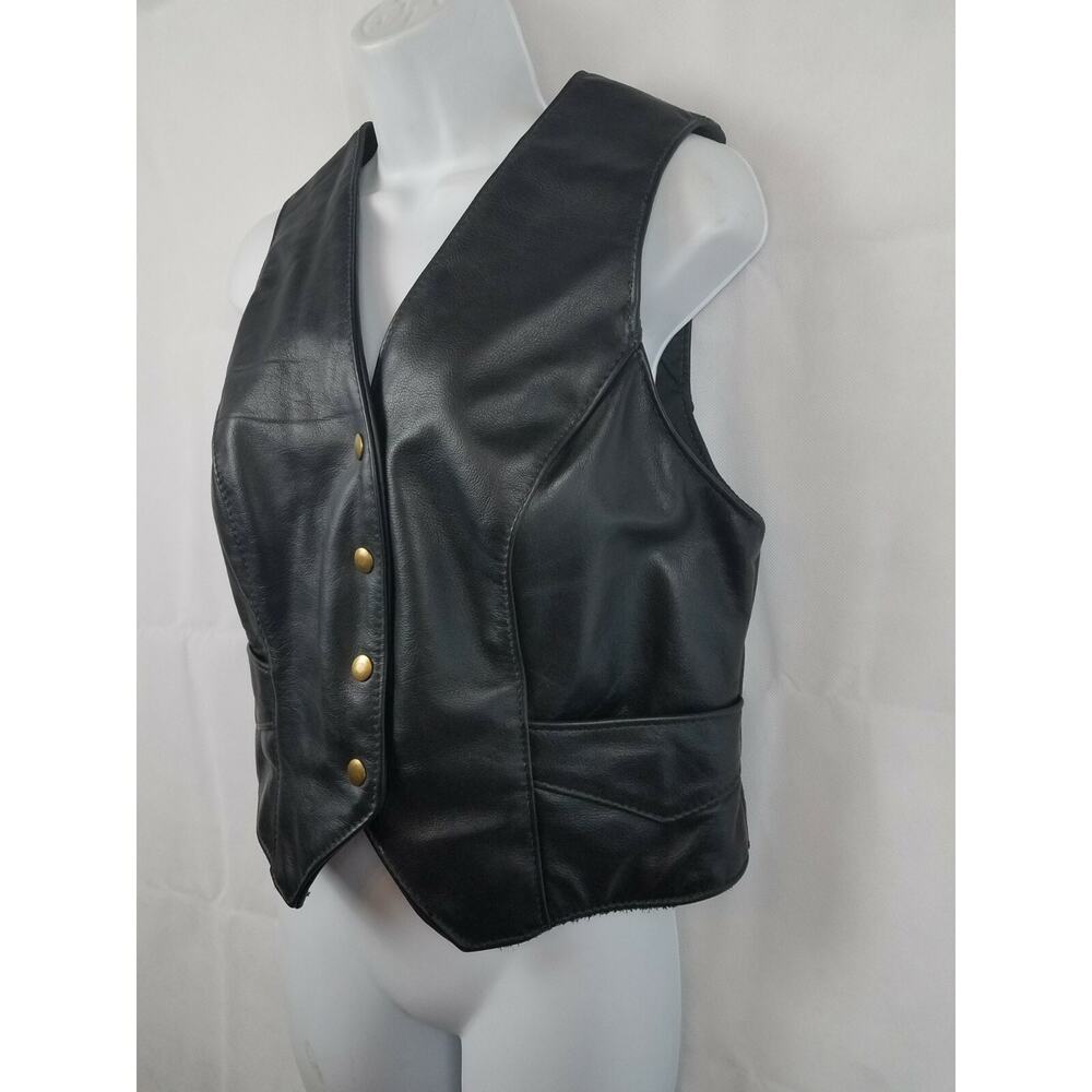Genuine‎ S & S Cycle Custom Women’s Leather Vest BLACK Sz 9/10 Made in USA Snap